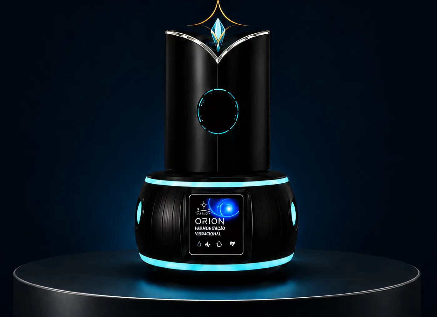 A Orion sobre um pedestal escuro: corpo preto, anéis de luz azul, tela de toque na base e cristal no topo