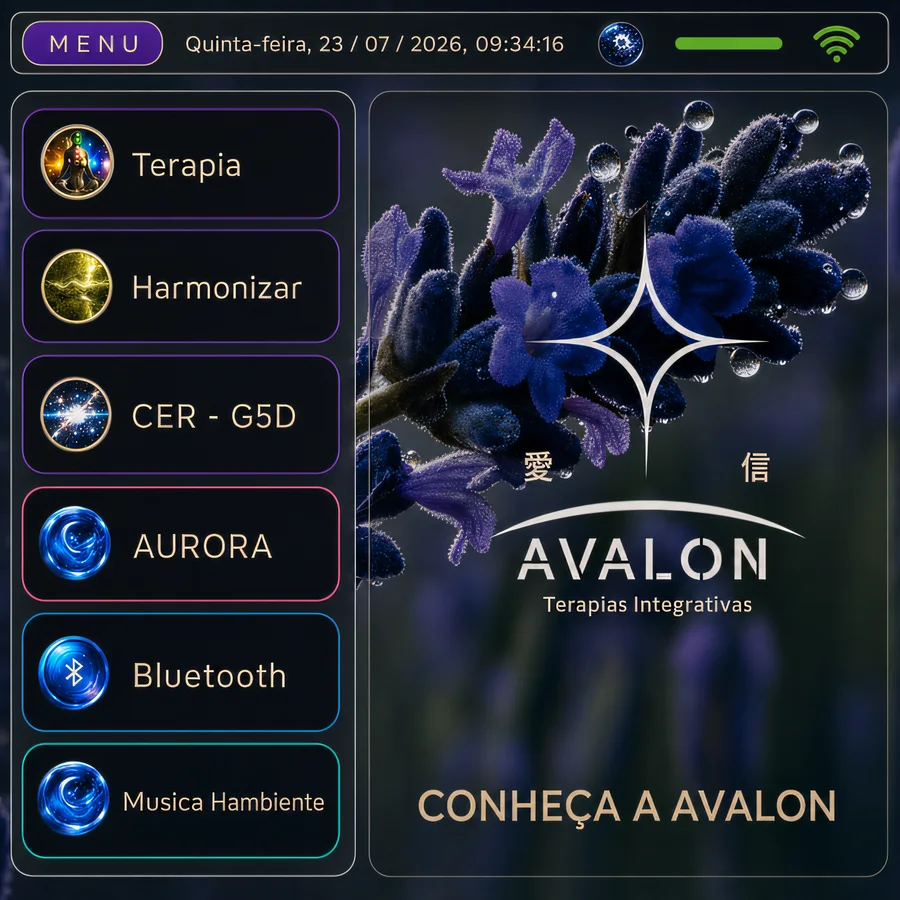 Menu da tela da Orion com as opções Terapia, Harmonizar, CER G5D, Aurora, Bluetooth e Música Ambiente